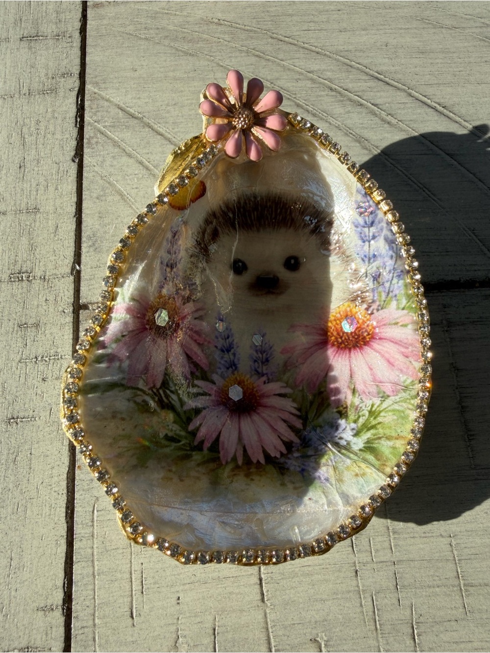 Handmade hedgehog and floral decoupage oyster shell trinket dish